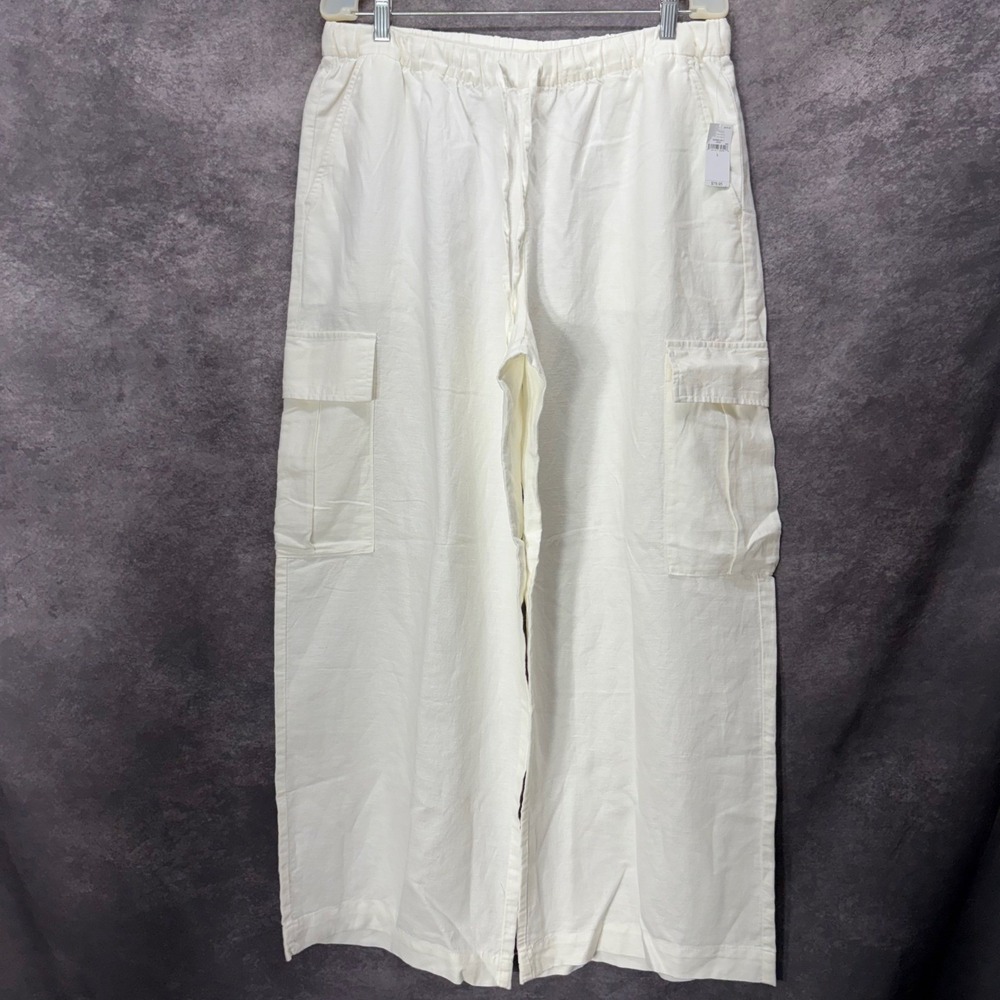 Gap White Linen Blend Wide Leg Cargo Pants Women's L Drawstring Minimalist